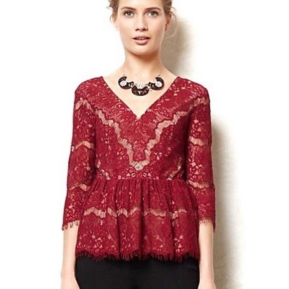 Anthropologie Maeve Needle Lace Merlot Blouse - 3/4 sleeve - Peplum - V Neck